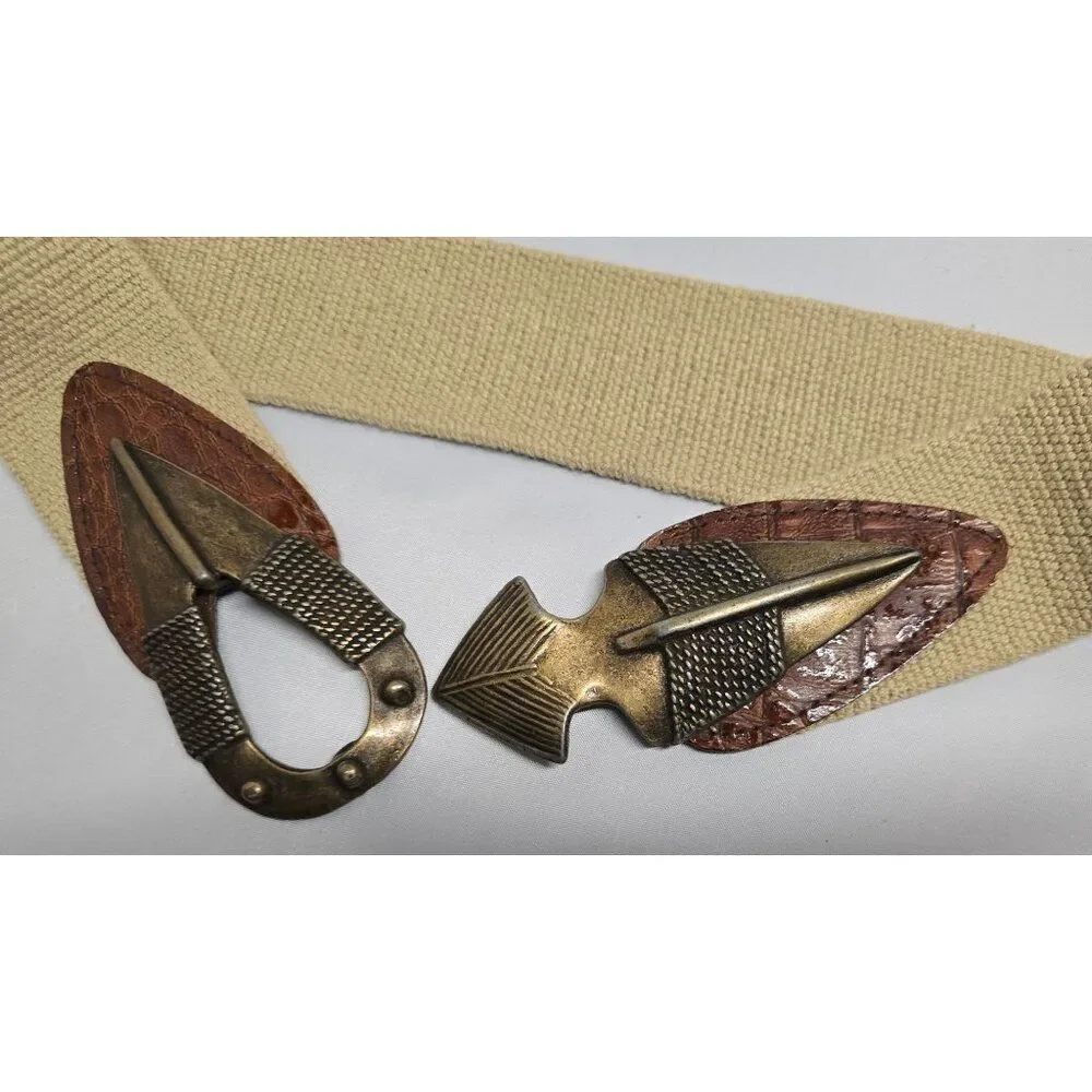 Vintage Omega Canvas Belt With Brass Arrow Buckle Leather Accents Unique Design